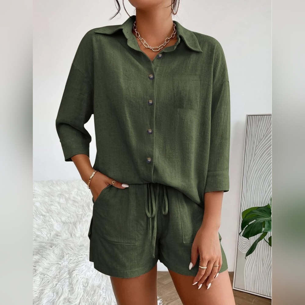 Olive/Army Green Button-Up Shirt and Drawstring Shorts Set Linen XL
